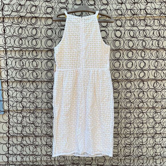 Calvin Klein White Eyelet Cotton Dress over yellow NWT Size 10 - Picture 1 of 8